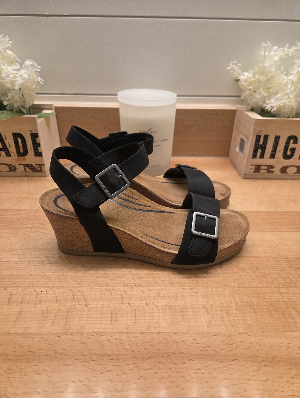 Aetrex Lexa Quarter Strap Wedge Sandal Black Leather Womens Size 7